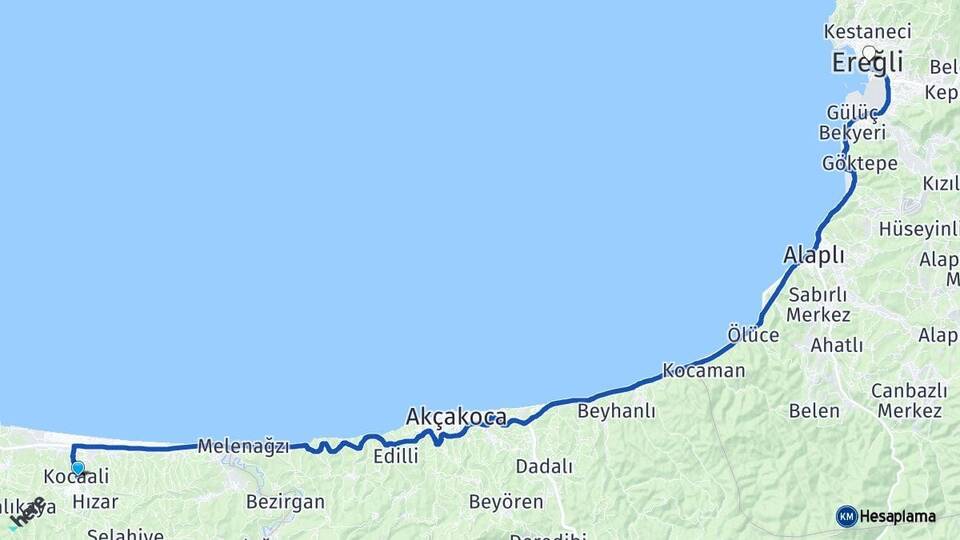 Sakarya Kocaali Ereğli Zonguldak Arası Kaç Km - Yol Haritası