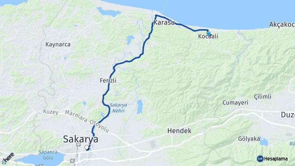 Sakarya Kocaali Erenler Arası Kaç Km - Yol Haritası