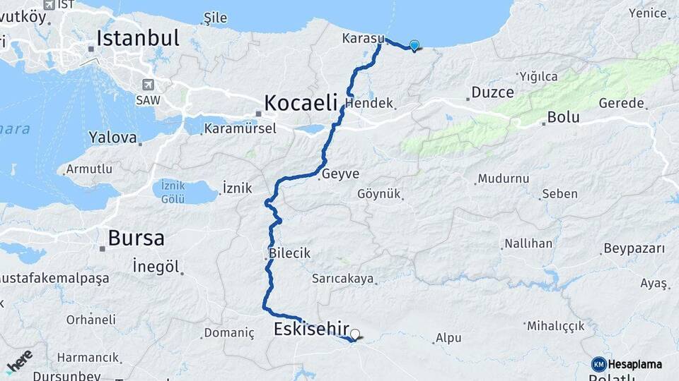 Sakarya Kocaali Eskişehir Arası Kaç Km - Yol Haritası