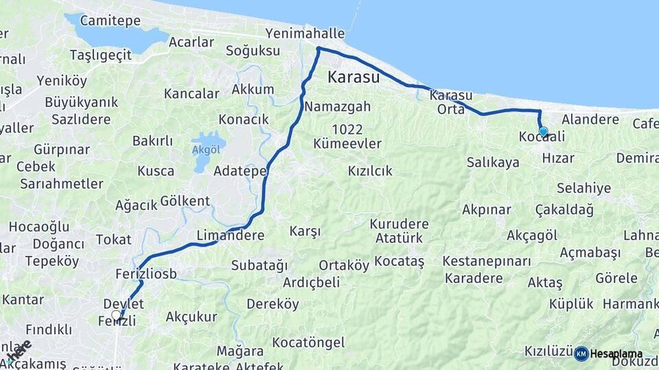 Sakarya Kocaali Ferizli Arası Kaç Km - Yol Haritası