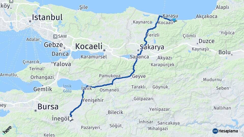Sakarya Kocaali İnegöl Bursa Arası Kaç Km - Yol Haritası