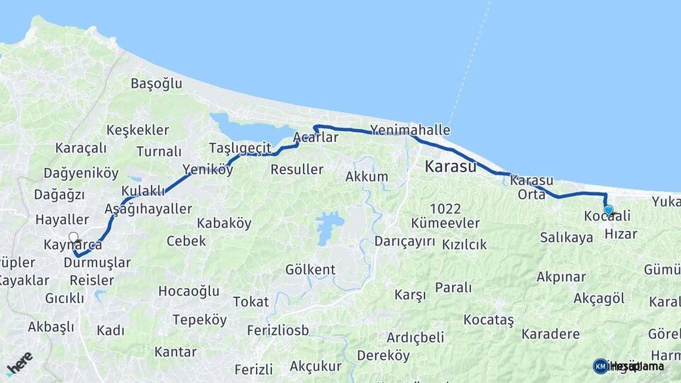 Sakarya Kocaali Kaynarca Arası Kaç Km - Yol Haritası