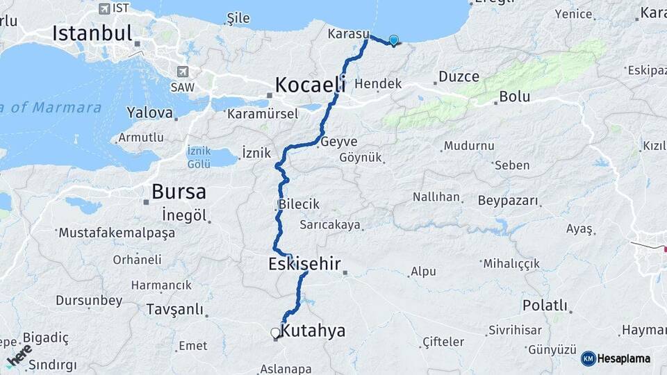 Sakarya Kocaali Kütahya Arası Kaç Km - Yol Haritası