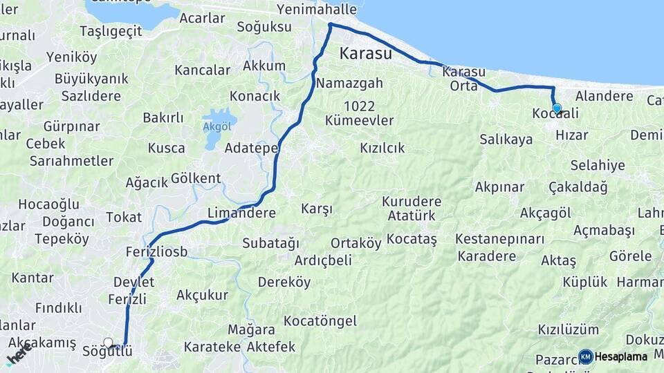 Sakarya Kocaali Söğütlü Arası Kaç Km - Yol Haritası