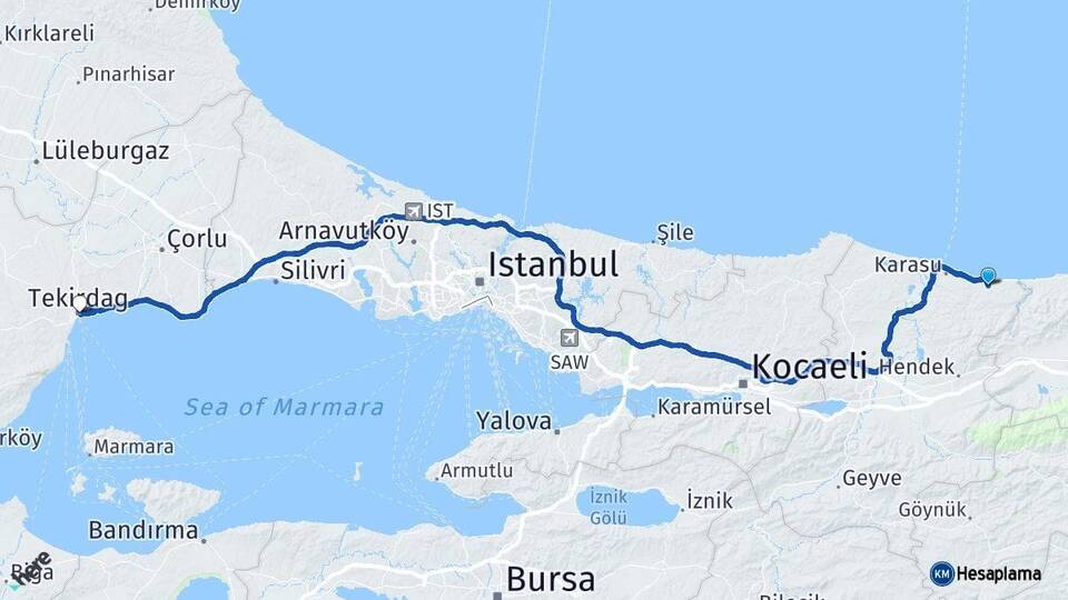 Sakarya Kocaali Tekirdağ Arası Kaç Km - Yol Haritası
