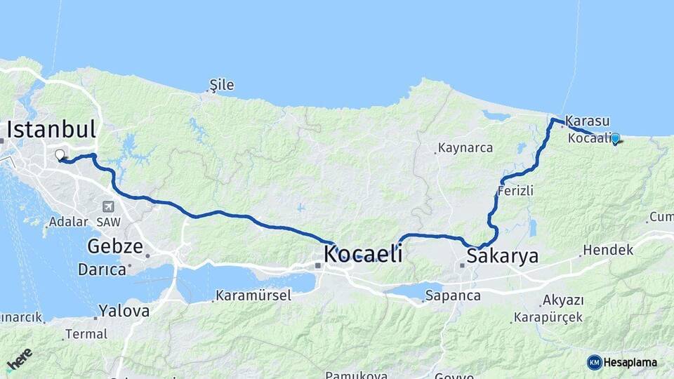 Sakarya Kocaali Ümraniye İstanbul Arası Kaç Km - Yol Haritası