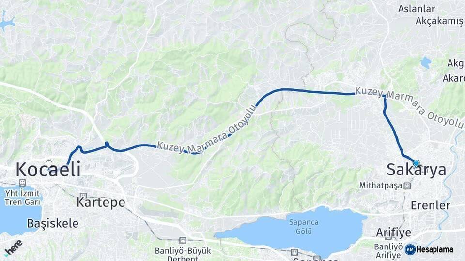 Sakarya Kocaeli Arası Kaç Km - Yol Haritası