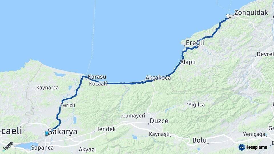 Sakarya Kozlu Zonguldak Arası Kaç Km - Yol Haritası