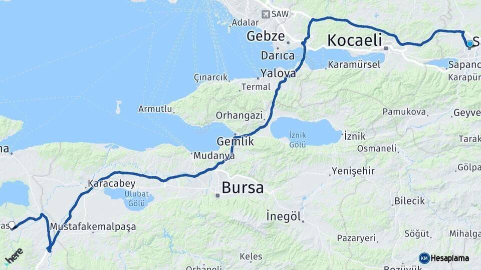 Sakarya Manyas Balıkesir Arası Kaç Km - Yol Haritası