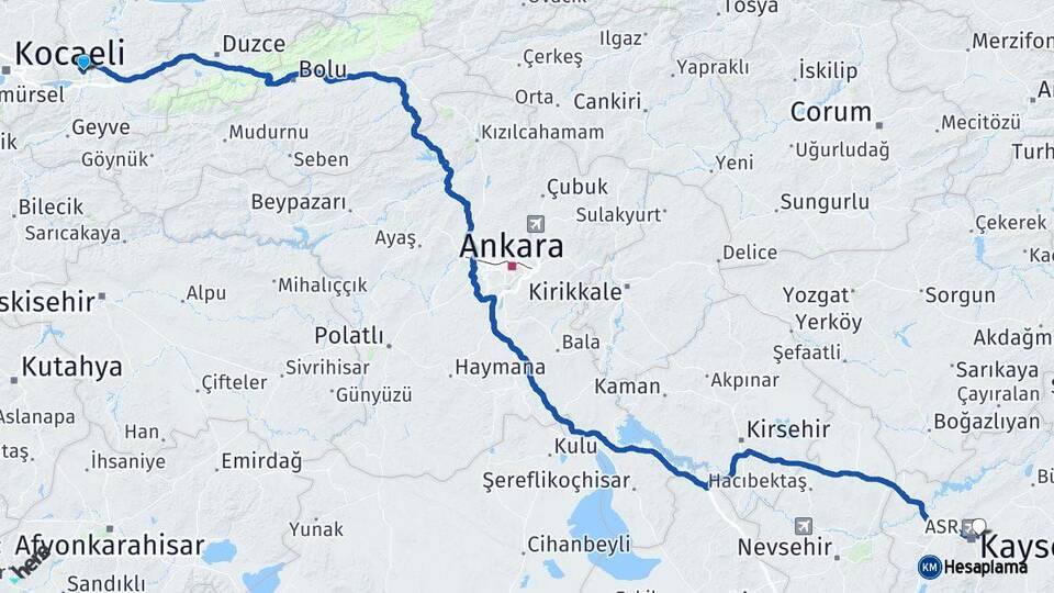 Sakarya Melikgazi Kayseri Arası Kaç Km - Yol Haritası
