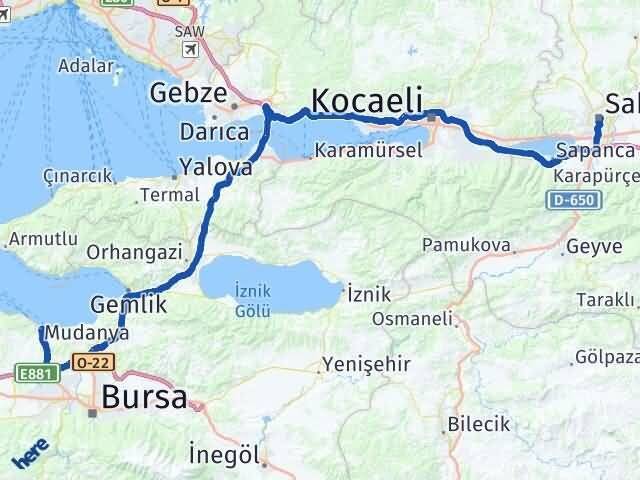 Sakarya Mudanya Bursa Arası Kaç Km - Yol Haritası