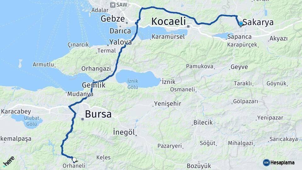 Sakarya Orhaneli Bursa Arası Kaç Km - Yol Haritası