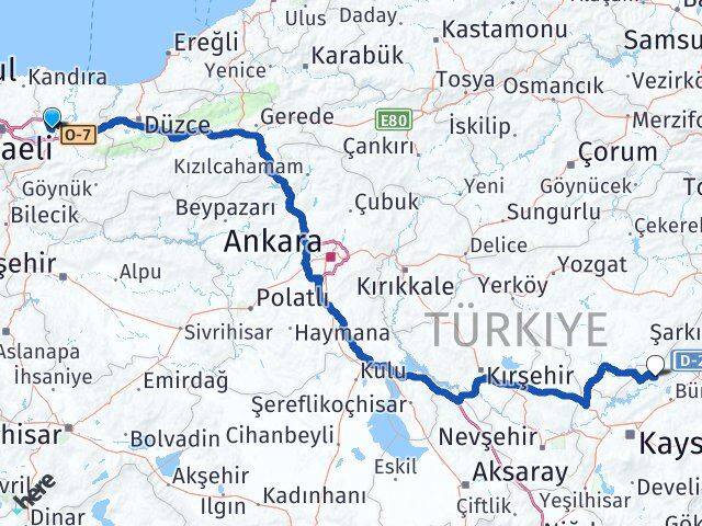 Sakarya Özvatan Kayseri Arası Kaç Km - Yol Haritası