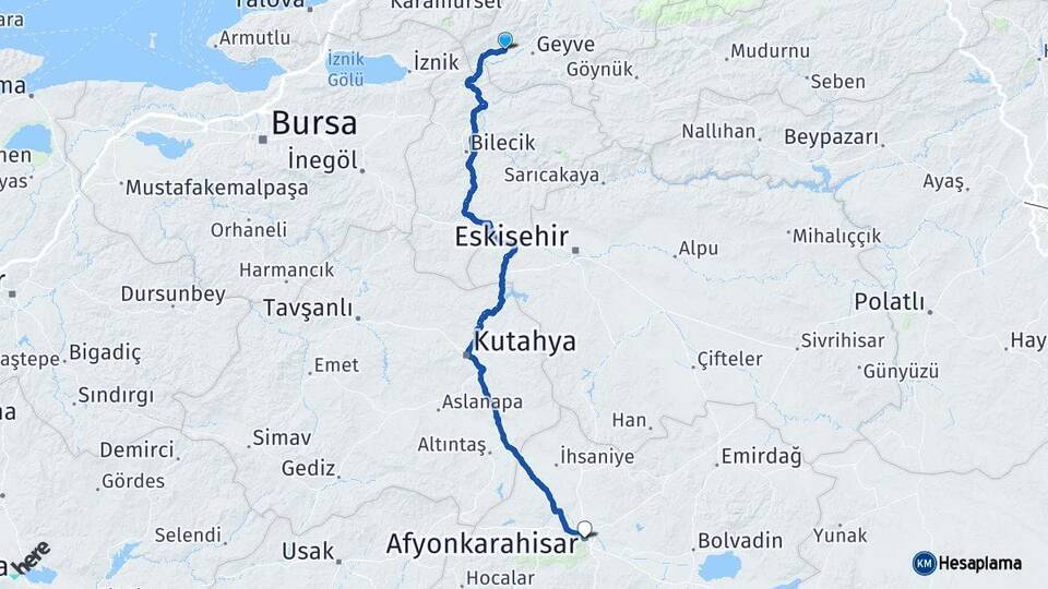 Sakarya Pamukova Afyonkarahisar Arası Kaç Km - Yol Haritası