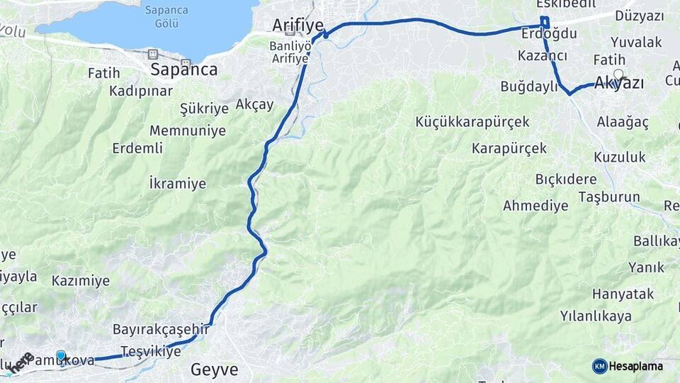Sakarya Pamukova Akyazı Arası Kaç Km - Yol Haritası