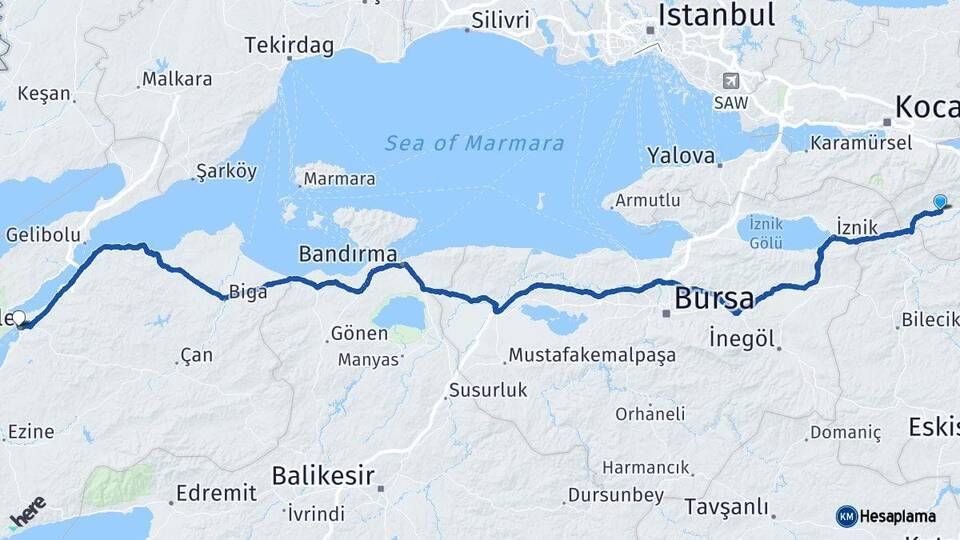 Sakarya Pamukova Çanakkale Arası Kaç Km - Yol Haritası