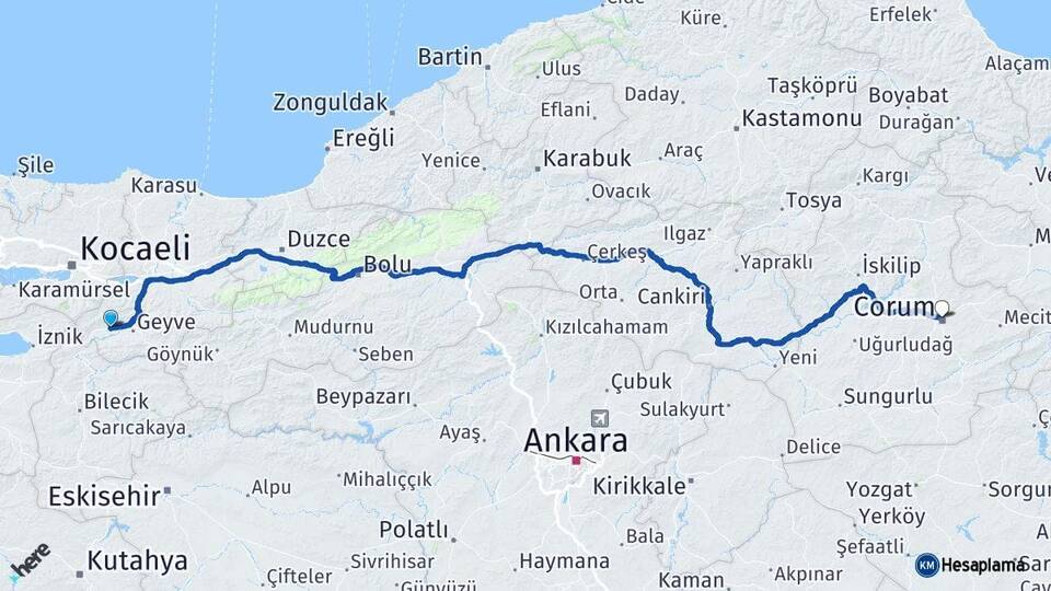 Sakarya Pamukova Çorum Arası Kaç Km - Yol Haritası