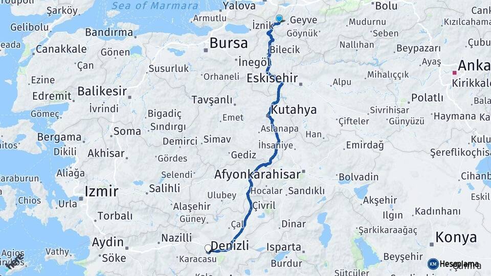 Sakarya Pamukova Denizli Arası Kaç Km - Yol Haritası