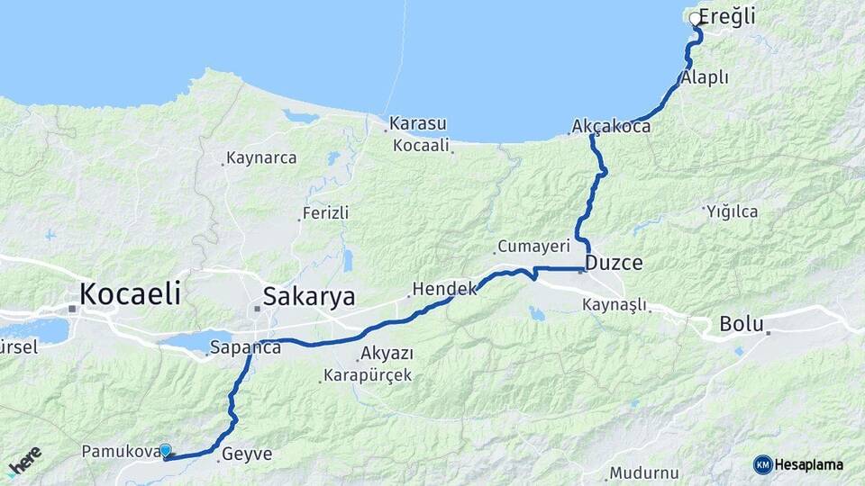 Sakarya Pamukova Ereğli Zonguldak Arası Kaç Km - Yol Haritası