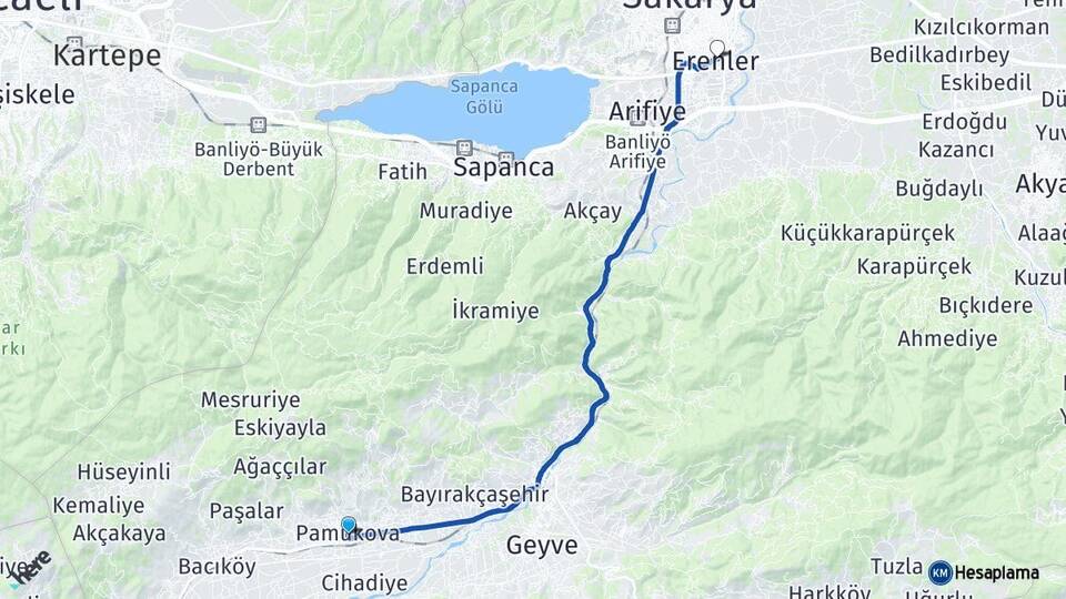 Sakarya Pamukova Erenler Arası Kaç Km - Yol Haritası