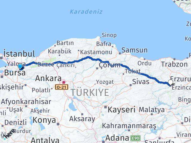 Sakarya Pamukova Erzincan Arası Kaç Km - Yol Haritası