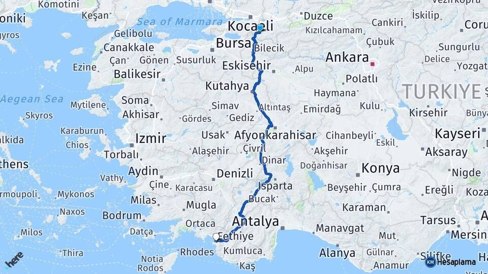 Sakarya Pamukova Fethiye Muğla Arası Kaç Km - Yol Haritası
