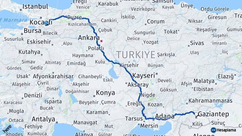 Sakarya Pamukova Gaziantep Arası Kaç Km - Yol Haritası