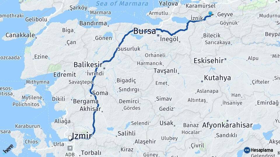 Sakarya Pamukova İzmir Arası Kaç Km - Yol Haritası