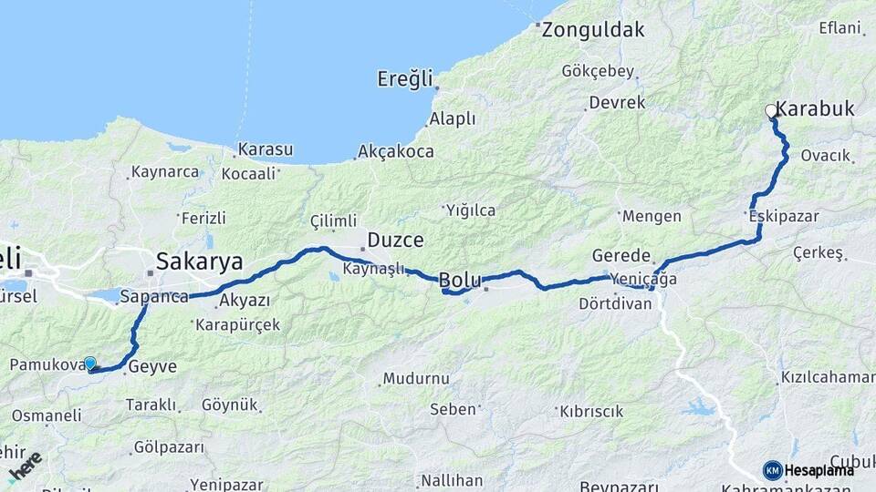 Sakarya Pamukova Karabük Arası Kaç Km - Yol Haritası