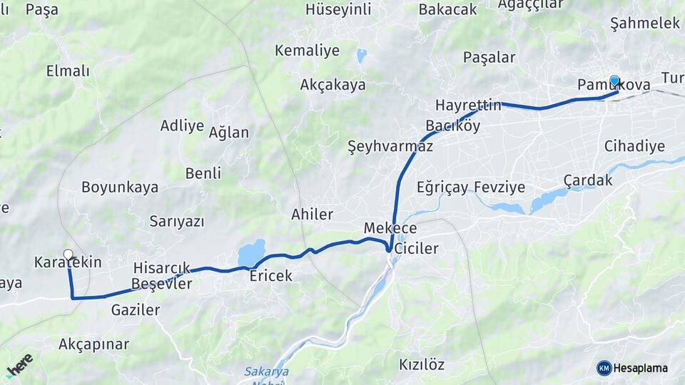 Sakarya Pamukova Karatekin İznik Bursa Arası Kaç Km - Yol Haritası