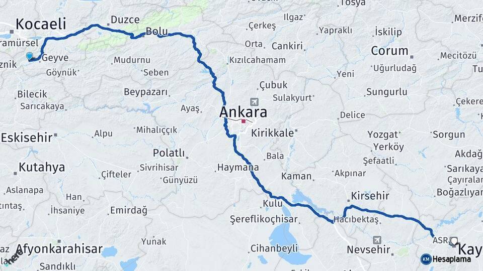 Sakarya Pamukova Kayseri Arası Kaç Km - Yol Haritası