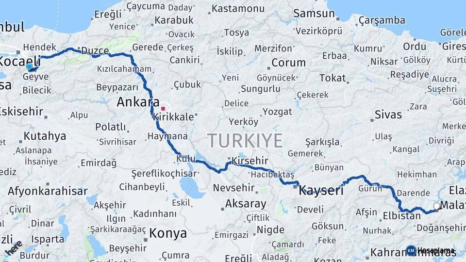 Sakarya Pamukova Malatya Arası Kaç Km - Yol Haritası