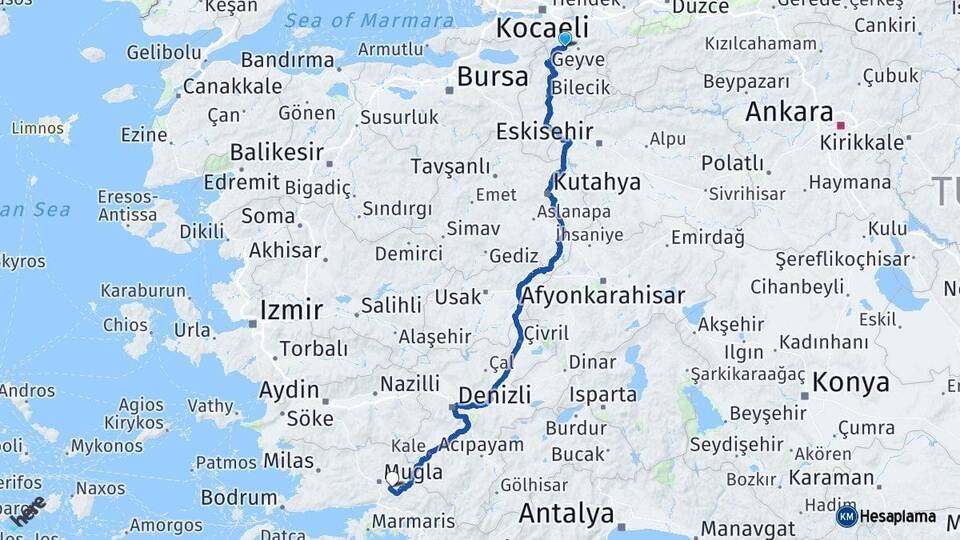 Sakarya Pamukova Muğla Arası Kaç Km - Yol Haritası