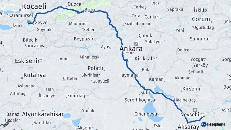 Sakarya Pamukova Nevşehir Arası Kaç Km - Yol Haritası