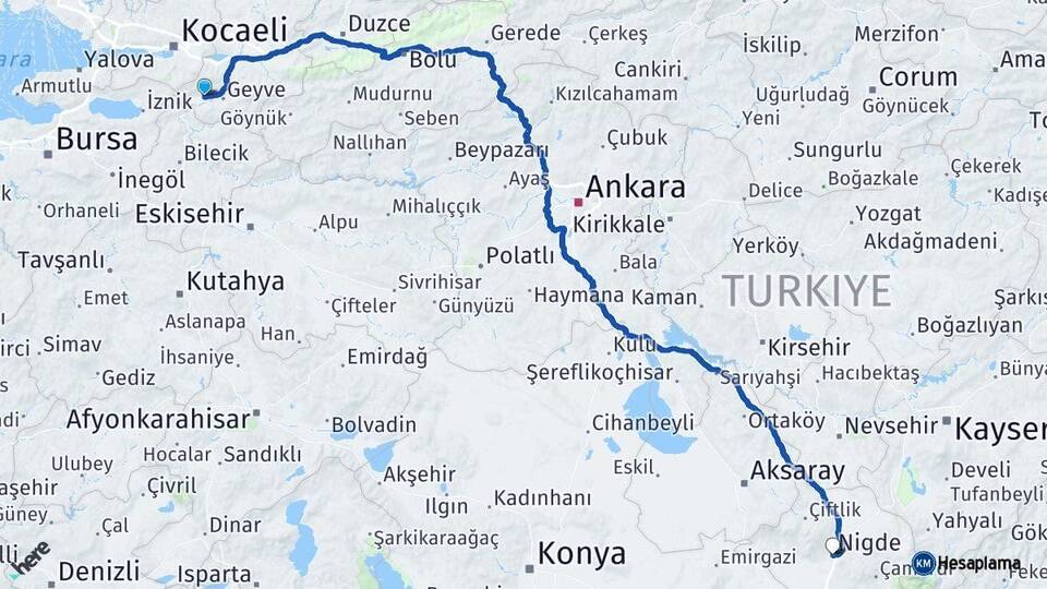Sakarya Pamukova Niğde Arası Kaç Km - Yol Haritası