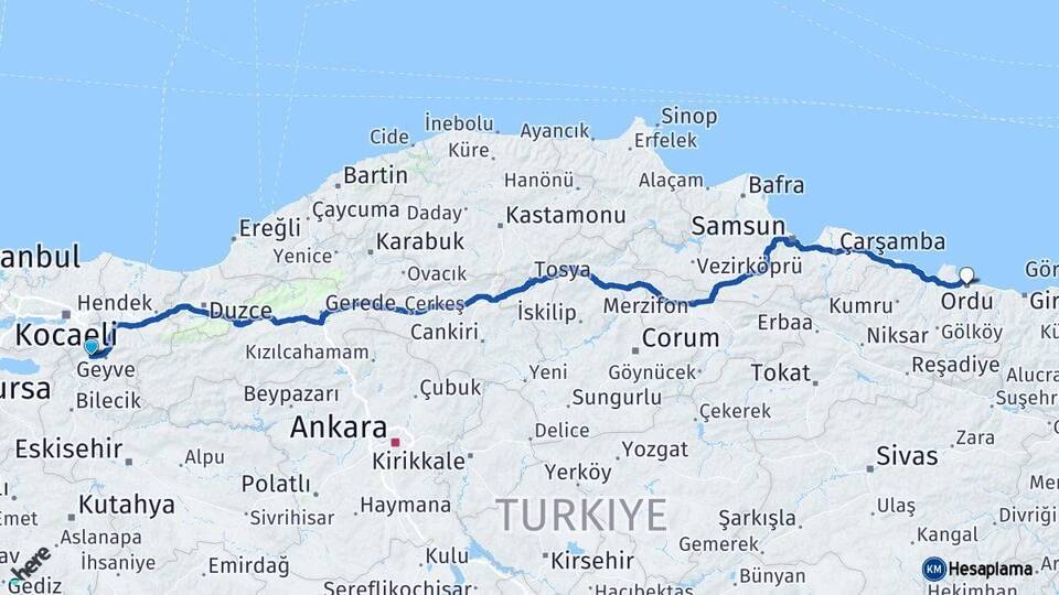 Sakarya Pamukova Ordu Arası Kaç Km - Yol Haritası