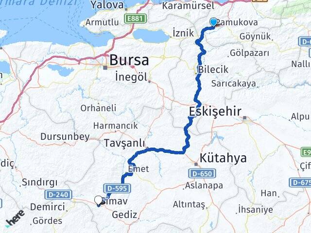 Sakarya Pamukova Simav Kütahya Arası Kaç Km - Yol Haritası