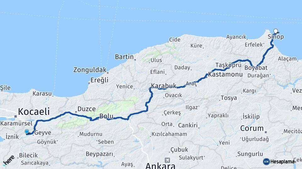 Sakarya Pamukova Sinop Arası Kaç Km - Yol Haritası