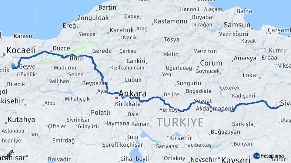 Sakarya Pamukova Sivas Arası Kaç Km - Yol Haritası