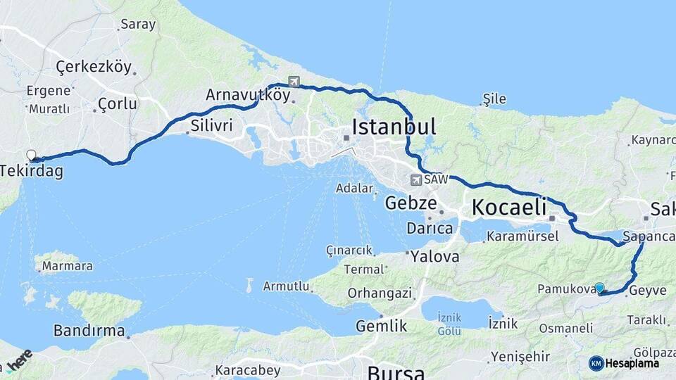 Sakarya Pamukova Tekirdağ Arası Kaç Km - Yol Haritası