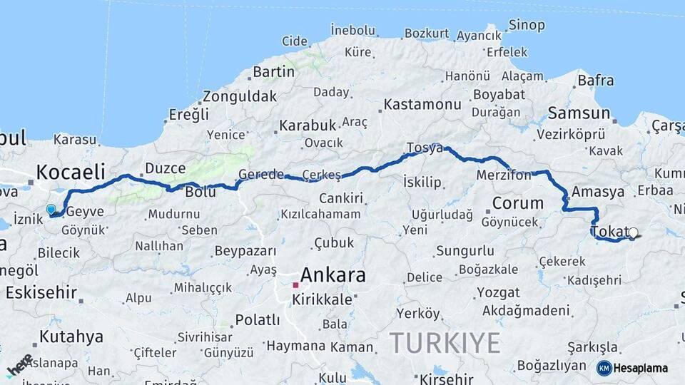 Sakarya Pamukova Tokat Arası Kaç Km - Yol Haritası