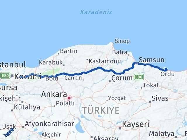Sakarya Perşembe Ordu Arası Kaç Km - Yol Haritası