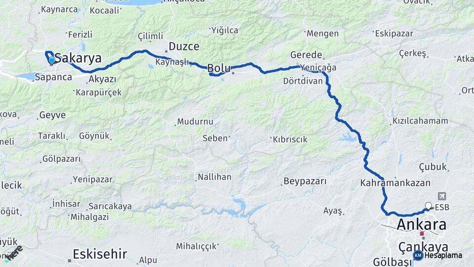 Sakarya Pursaklar Ankara Arası Kaç Km - Yol Haritası