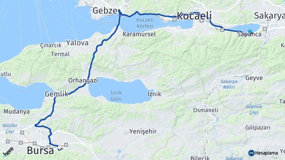 Sakarya Sapanca Cumalıkızık Yıldırım Bursa Arası Kaç Km - Yol Haritası