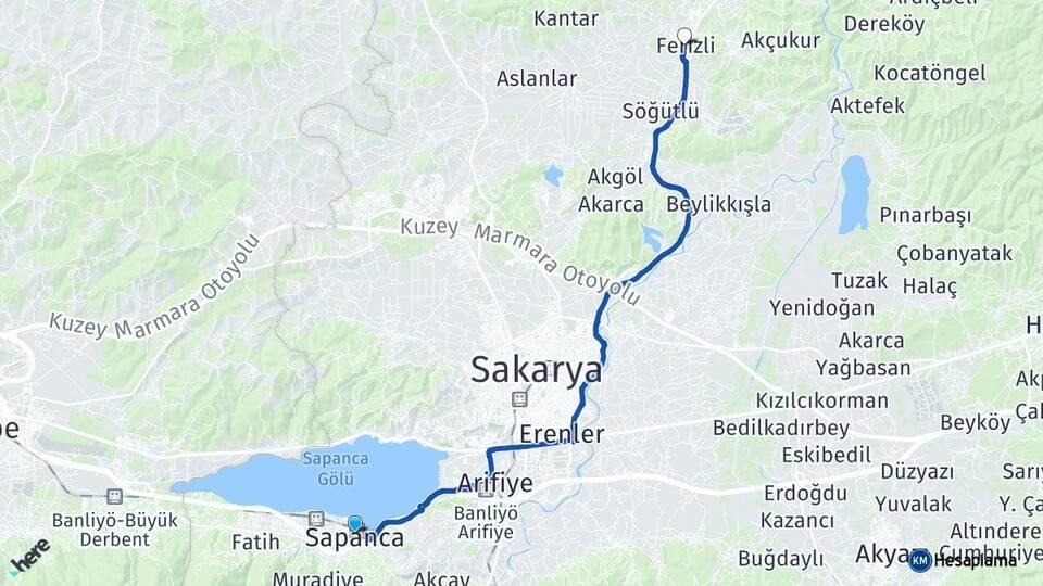 Sakarya Sapanca Ferizli Arası Kaç Km - Yol Haritası