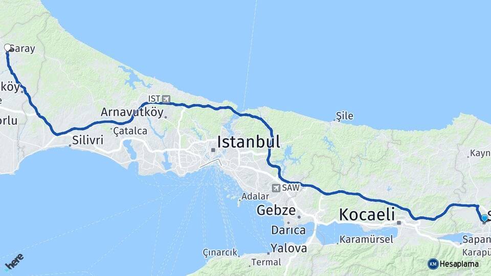 Sakarya Saray Tekirdağ Arası Kaç Km - Yol Haritası