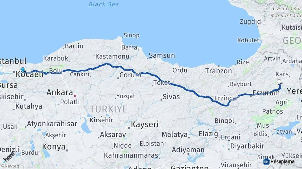 Sakarya Sarıkamış Kars Arası Kaç Km - Yol Haritası