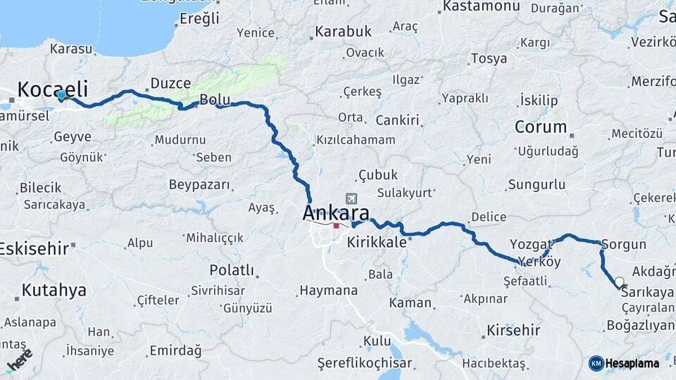 Sakarya Sarıkaya Yozgat Arası Kaç Km - Yol Haritası