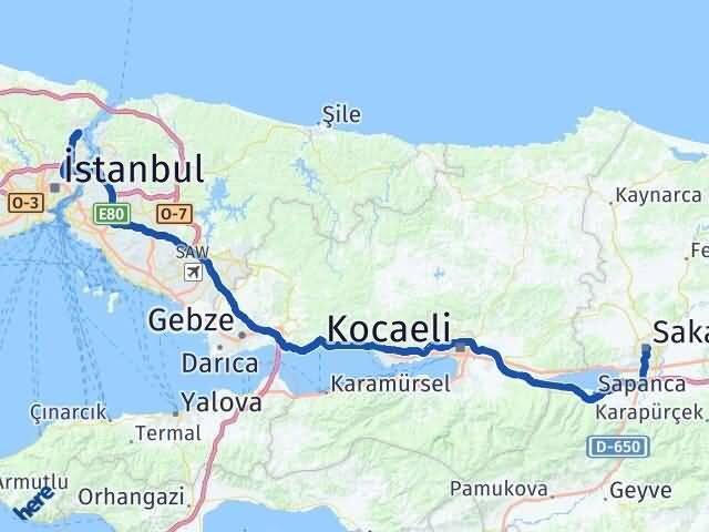 Sakarya Sarıyer İstanbul Arası Kaç Km - Yol Haritası