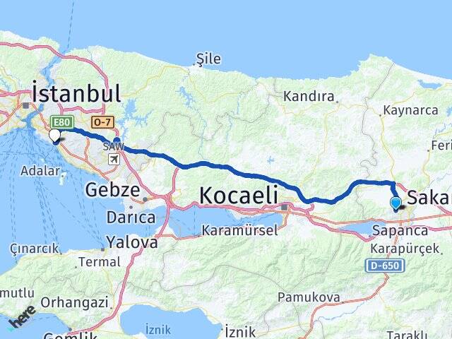 Sakarya Serdivan Bostancı Kadıköy İstanbul Arası Kaç Km - Yol Haritası